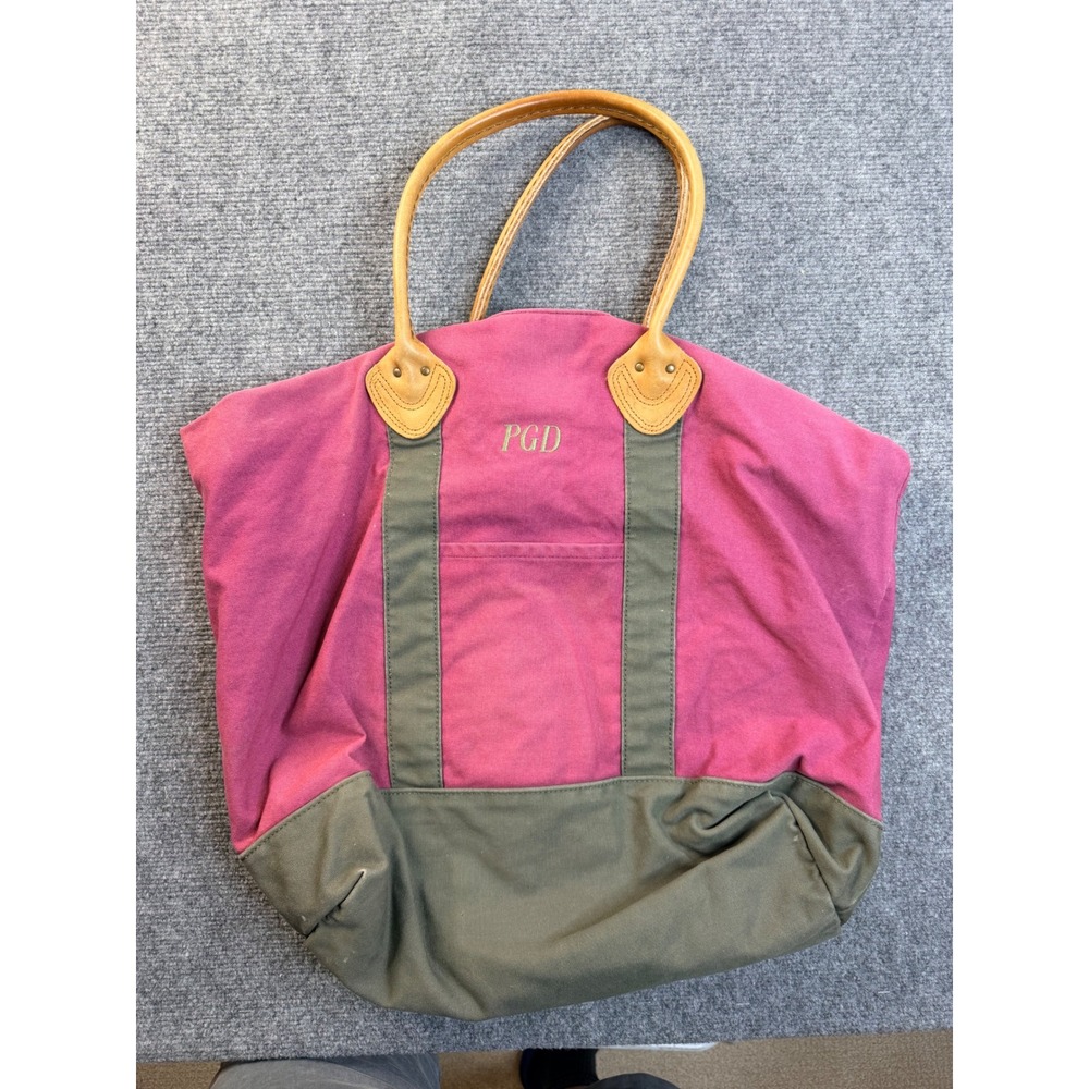 LL Bean Canvas Tote Bag Pink Green Plaid Lined Leather Handle PGD Large 0WY72
